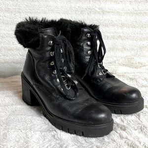 L’INTERVALLE black leather lace up booties with block heel and faux fur